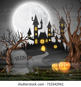 Vector illustration of Scary castle with pumpkins on the full moon
