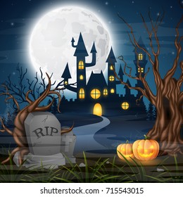 Vector illustration of Scary castle with pumpkins on the full moon