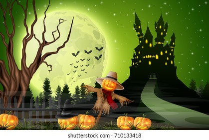 Vector illustration of Scary castle with scarecrow and pumpkins on the full moon