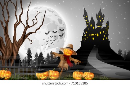 Vector illustration of Scary castle with scarecrow and pumpkins on the full moon