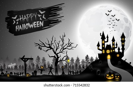 Vector illustration of Scary castle with zombie and pumpkins on the full moon