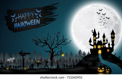 Vector illustration of Scary castle with zombie and pumpkins on the full moon