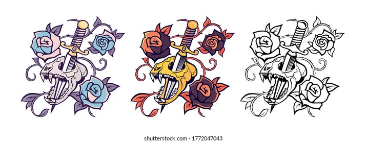 Vector illustration of a scary cat's skull with a sword and flower elements. Pattern with roses. Modern print for t-shirts in black and white and color style. Graphic template for any design.