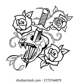 Vector illustration of a scary cat's skull with a sword and flower elements. Pattern with roses. Modern print for t-shirts in black and white style. Graphic template for any design.