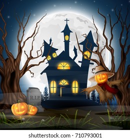 Vector illustration of Scary church background with scarecrow and pumpkins