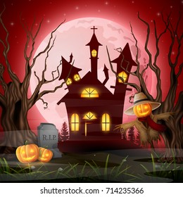Vector illustration of Scary church background with scarecrow and pumpkins