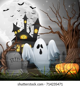 Vector illustration of Scary church background with ghost and pumpkins