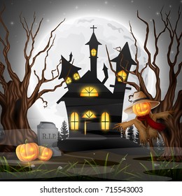 Vector illustration of Scary church background with scarecrow and pumpkins