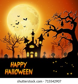 Vector illustration of Scary church with bats hanging on tree