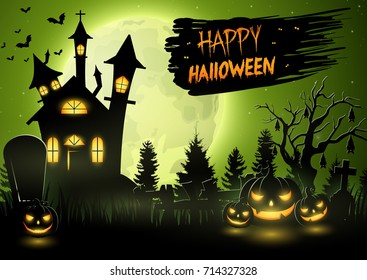 Vector illustration of Scary church with pumpkins on the full moon