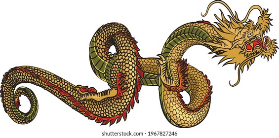 vector illustration of a scary dragon flying and its body curled