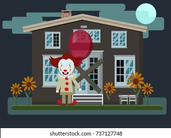 Vector illustration of a scary evil clown with red balloon next to an old abandoned house . Halloween party. Flat style.