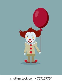 Vector illustration of the scary evil clown with red balloon . Halloween party. Flat style.