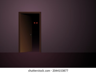 Ilustración vectorial de ojos malvados aterradores que acechan desde una habitación oscura, adecuada para el tema del horror o Halloween