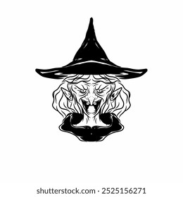 Vector illustration of the scary face of a witch figure. Hand drawn character