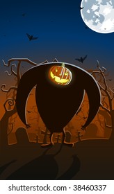 Vector illustration of scary glowing Jack-o-lantern man on the grave, full moon and bats on background
