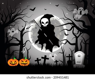 Vector illustration of Scary Grim Reaper with Scythe in a Graveyard during Halloween's Night.EPS10 