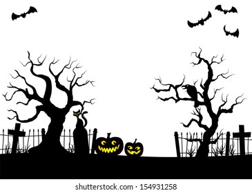 vector illustration of scary halloween background with pumpkin on the cemetery in the dark night with full moon 