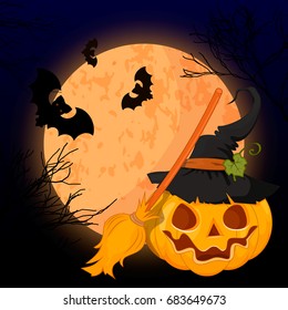Vector illustration of a scary Halloween design. A bright moon pumpkin scary grins.