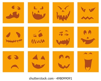 Vector illustration of scary Halloween pumpkin faces icons on white background. Set scary Halloween pumpkin faces emotions isolated for your design card