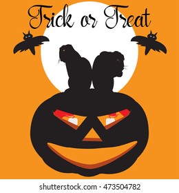 Vector illustration of Scary Halloween pumpkins' and cats' silhouettes. Trick or Treat.
