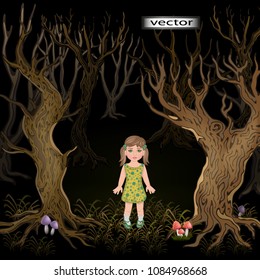 Vector illustration. Scary, little girl got lost in the dark forest at night, children's nightmares, get lost in a horrible place. Thicket of the forest at dusk, mushrooms, the child needs rescuing.