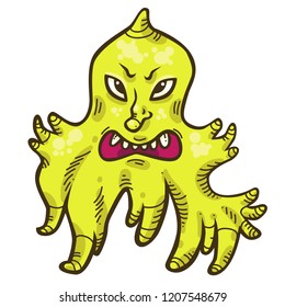 Vector illustration of scary monster ghost with sharp teeth. Good for stickers, posters, prints for Halloween party.