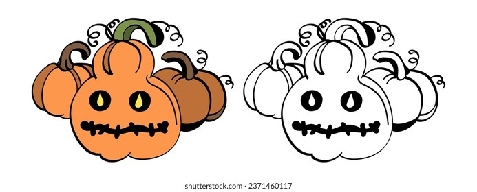 Vector illustration of scary pumpkin outline. Coloring page for Halloween celebration.
