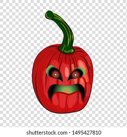 Vector illustration of a scary red pumpkin with big eyes and mouth. An isolated drawing of a pumpkin on Halloween.