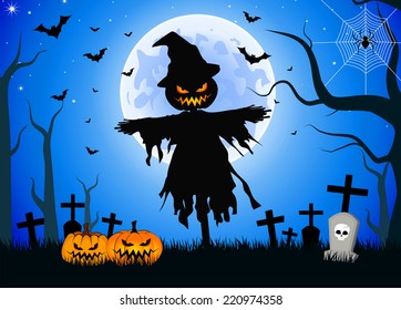 Vector illustration of Scary Scarecrow in a Graveyard during Halloween's Night.EPS 10