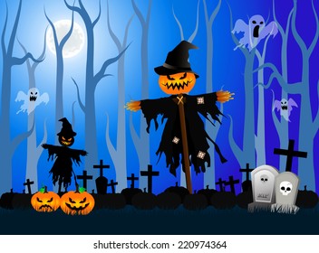 Vector illustration of Scary Scarecrow in a Graveyard during Halloween's Night.EPS 10