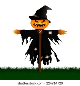 Vector illustration of Scary Scarecrow in a Graveyard isolated on White Background.Halloween Concept.