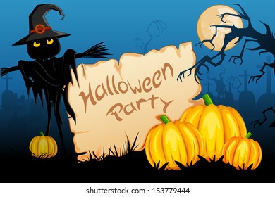 vector illustration of scary scarecrow with pumpkin in Halloween night