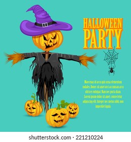 vector illustration of scary scarecrow with pumpkin in Halloween night