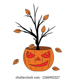 Vector Illustration Of A Scary Tree In A Pumpkin Pot. A Houseplant For Halloween.