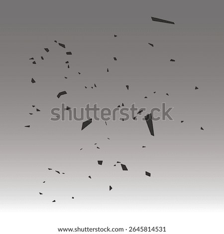 Vector illustration of scattered black debris and shattered particles on a grey gradient. Perfect for themes of destruction, collapse, explosion, dramatic scenes, or grunge design