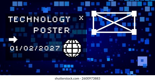 Vector illustration with scattered blue pixels on a dark background. Technology-themed poster or cover for an event.