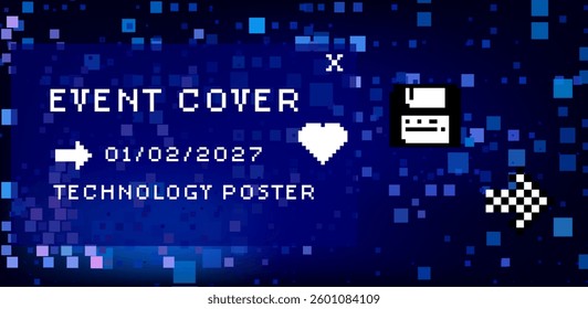 Vector illustration with scattered blue pixels on a dark background. Technology-themed poster or cover for an event.