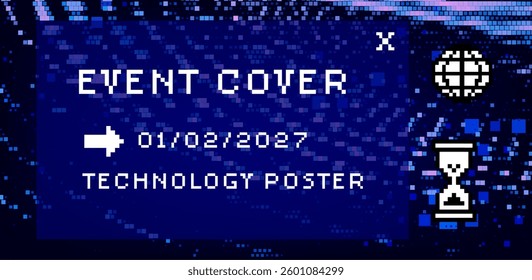 Vector illustration with scattered blue pixels on a dark background. Technology-themed poster or cover for an event.
