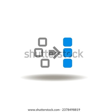 Vector illustration of scattered cubes from the left column line up in the right straight column. Icon of align. Symbol of alignment.