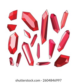 Vector illustration of scattered red crystal shards in various shapes and sizes. Ideal for fantasy, gemstones, shattered glass, jewelry, or magical design elements
