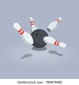 Vector illustration of scattered skittle and bowling ball isolated on light background with transparent shadows.