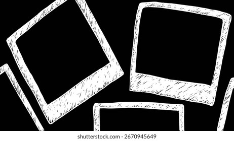 Vector illustration of scattered white square photo frames on black background, sketched roughly in casual doodle style.