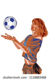 vector illustration with scene of the beautiful young girl playing with soccer ball