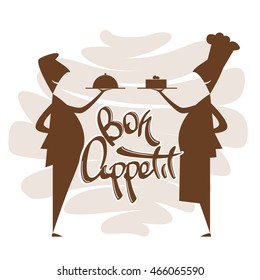 Vector illustration: Scene with cartoon silhouette of waiter and chef with hand lettering of Bon appetit. Isolated on white background.