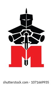 vector illustration with scene logo consisting of letter M and medieval knight