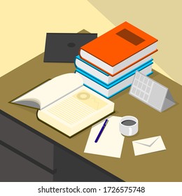 Vector Illustrations-Szene chaotischen Arbeitstisch mit Büchern | EPS10