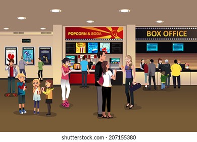 A Vector Illustration Of Scene In The Movie Theater Lobby