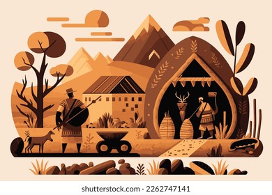 vector illustration of a scene from neolithic era