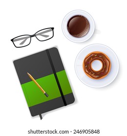 Vector illustration of Scene with notebook and coffee